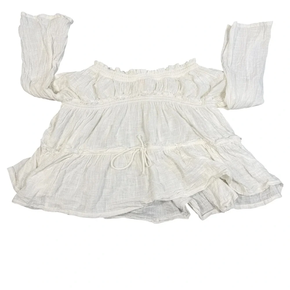 Free People‎ Peasant Top S Ivory Cotton Gauze Off Shoulder Bell Sleeve Boho